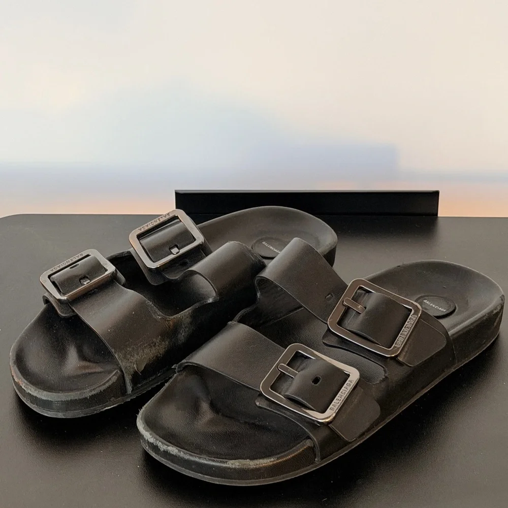 Balenciaga Black Leather Double Strap Buckle Slides - Picture 2 of 7